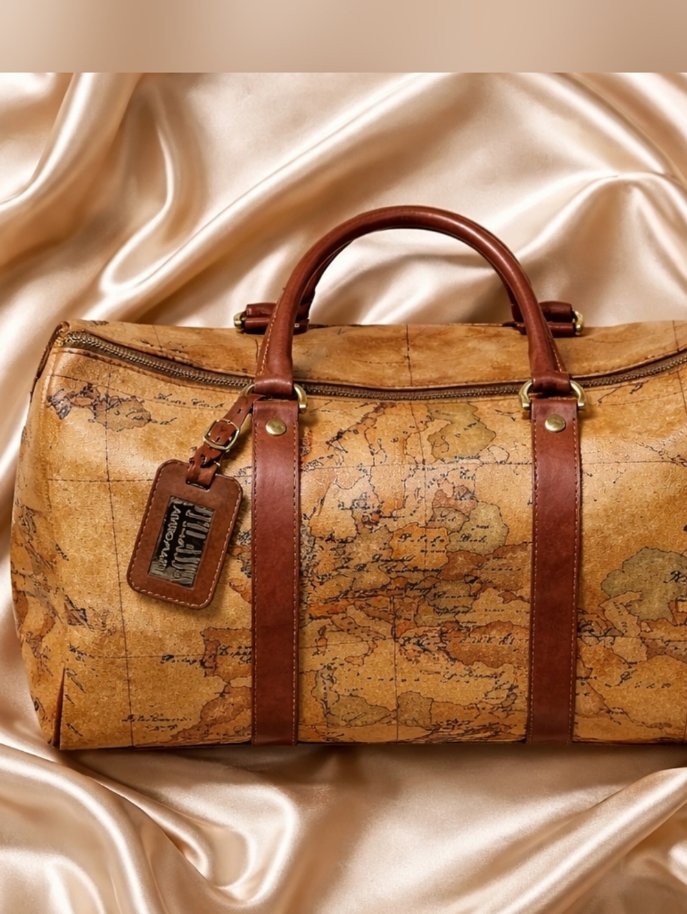 Vintage Alveiro Martini Classe Map Print Leather Travel Bag EUC